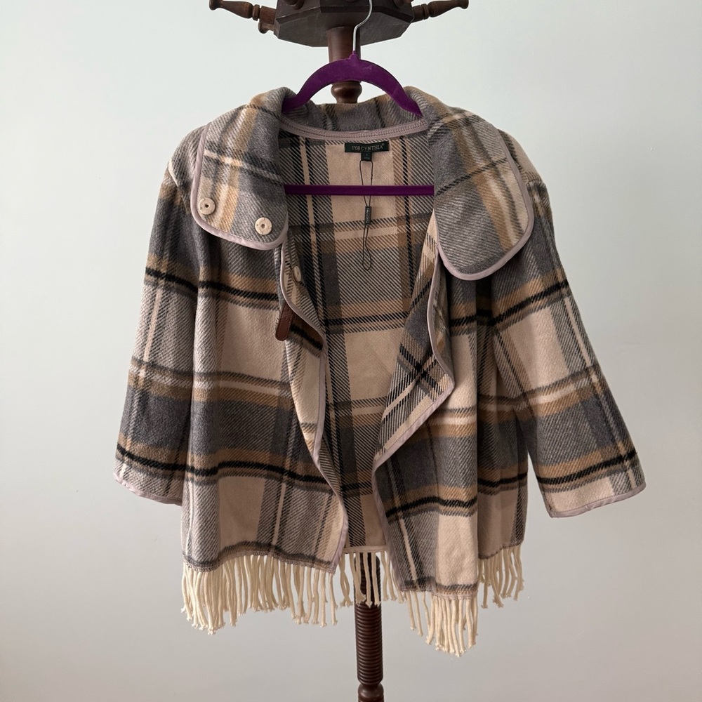 NWOT For Cynthia Plaid Fringe Jacket Coat L 3/4 Sleeve Buckle Snap Button Sz L